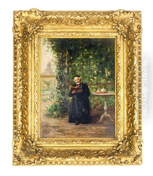 Monk Reading In A Garden Oil Painting by Vincent Jean Baptiste Chevilliard