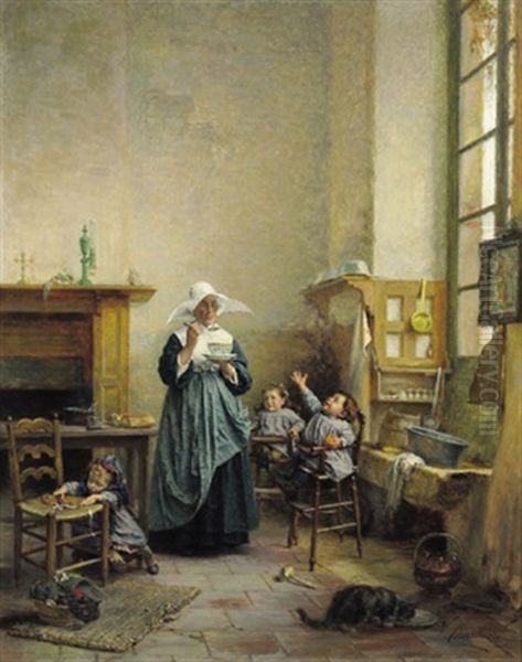 Kinderfutterung (la Becquee) Oil Painting by Vincent Jean Baptiste Chevilliard