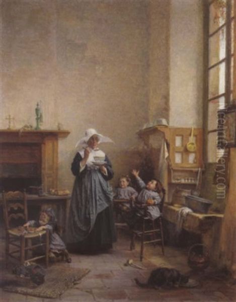 Kinderfutterung (la Becquee) Oil Painting by Vincent Jean Baptiste Chevilliard