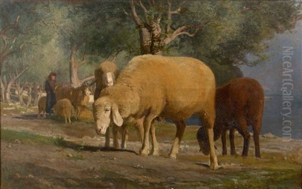 Bergere Et Ses Moutons Oil Painting by Luigi Chialiva