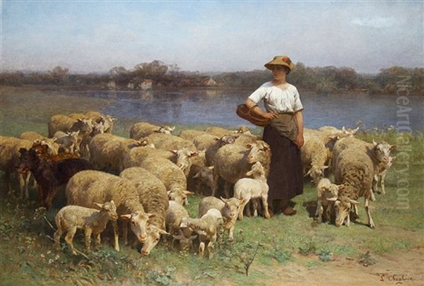 Shepherdess On The Shore Oil Painting by Luigi Chialiva