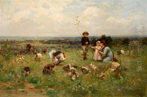 Children In A Meadow With A Rafter Of Turkeys Oil Painting by Luigi Chialiva