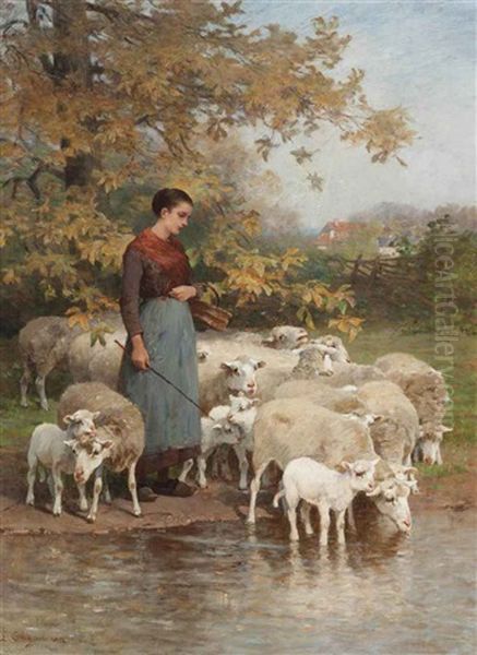 A Shepherdess Watering Her Flock Oil Painting by Luigi Chialiva