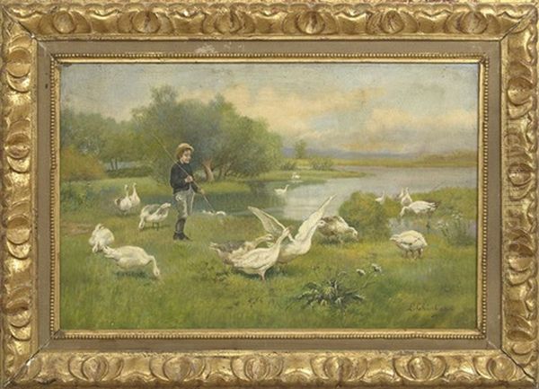 Boy Playing With Geese Along The Riverbank Oil Painting by Luigi Chialiva