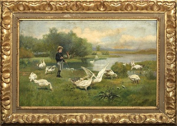 Boy Playing With Geese Along The Riverbank Oil Painting by Luigi Chialiva