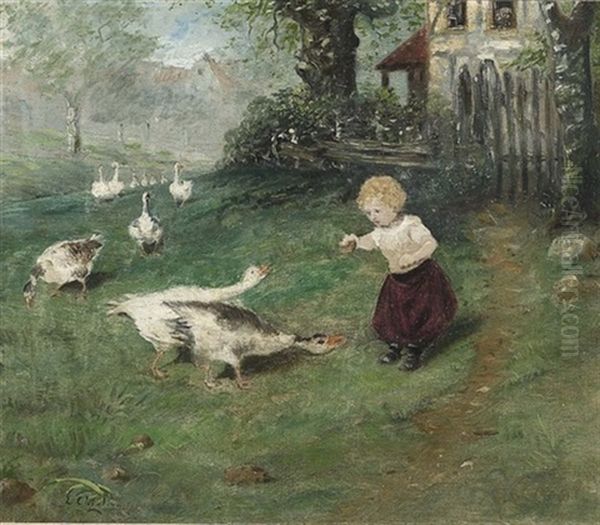 Ein Madchen Futtert Ganse Oil Painting by Luigi Chialiva