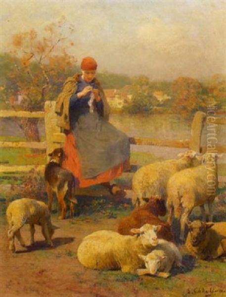 Shepherdess And Flock Resting Beside A Lake Oil Painting by Luigi Chialiva