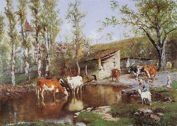 Cows In A Landscape Oil Painting by Luigi Chialiva