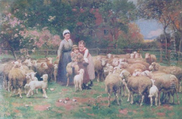 Children Playing Amongst Sheep Oil Painting by Luigi Chialiva