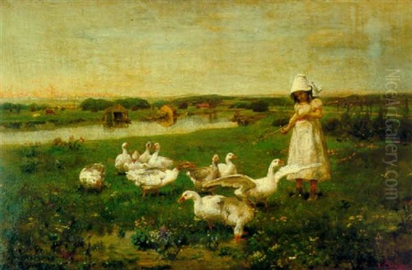 Girl Tending Geese Oil Painting by Luigi Chialiva