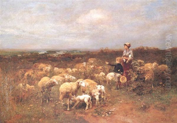 Mother And Child With Sheep In The Meadow Oil Painting by Luigi Chialiva