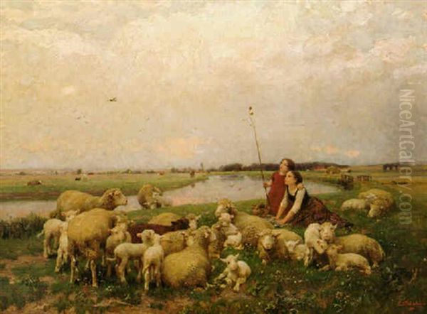 Jeunes Filles Gardant Le Troupeau; Les Agneaux De Printemps (young Girls Tending The Flock; The Spring Lambs) Oil Painting by Luigi Chialiva