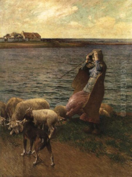 A Wind-swept Shepherdess Oil Painting by Luigi Chialiva