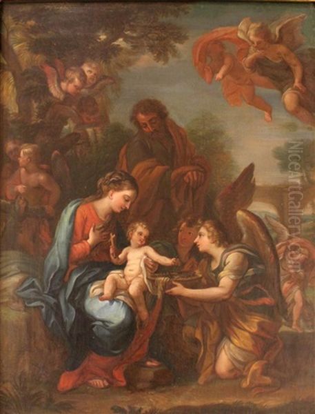 Angels Presnting The Arma Christi To The Holy Family Resting On The Flight To Egypt Oil Painting by Giuseppe Bartolomeo Chiari