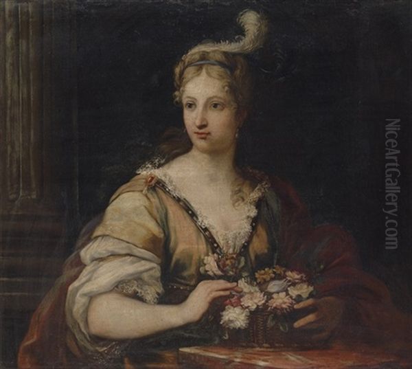 A Lady In A Yellow Dress And Red Robe, With A Feathered Headdress, Arranging A Basket Of Flowers Oil Painting by Giuseppe Bartolomeo Chiari