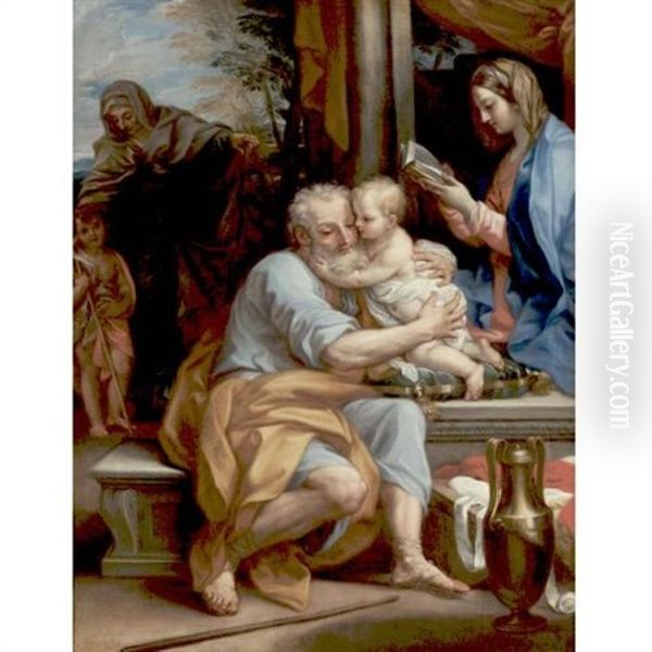 Saint Joseph Embracing The Infant Christ, The Virgin, The Infant Saint John And Saint Elizabeth Beyond Oil Painting by Giuseppe Bartolomeo Chiari