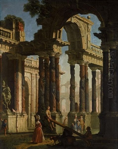 An Architectural Capriccio With Elegant Figures Promenading Among Antique Ruins, Children Playing Seesaw In The Foreground Oil Painting by Francesco Chiarottini