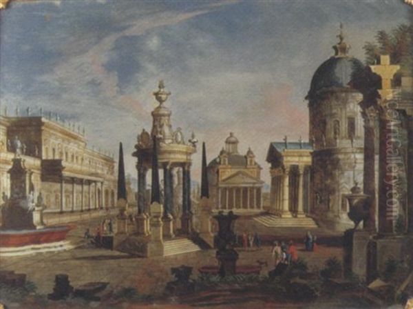 Capriccio Architettonico Con Il Monumento Dei Quattro Mori A Livorno, Il Pantheon Ed Altri Edifici Classici E Moderni Oil Painting by Francesco Chiarottini