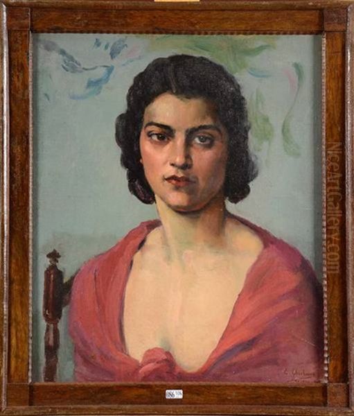 Portrait De Femme Au Corsage Rouge Oil Painting by Eduardo Chicharro Aguera