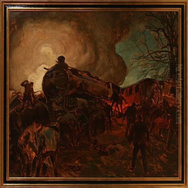 Train Accident Oil Painting by Valdemar Andersen