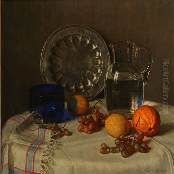 Still Life With Jug, Dish, Bowl And Fruits On A Table Oil Painting by Wilhelm Andersen