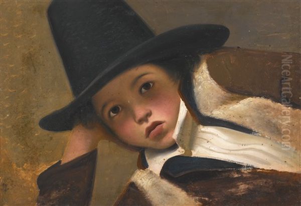 Portrait Study Of A Young Boy In A Black Hat, Bust-length Oil Painting by Gaetano Chierici