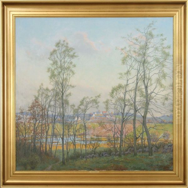 A Fall Scenery With A View Of Larger Estates. Signed Wilh. Andersen Oil Painting by Wilhelm Andersen