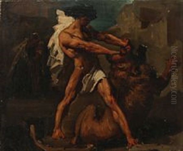 Hercules Fighting The Lion Oil Painting by Francois Nicolas Chifflart