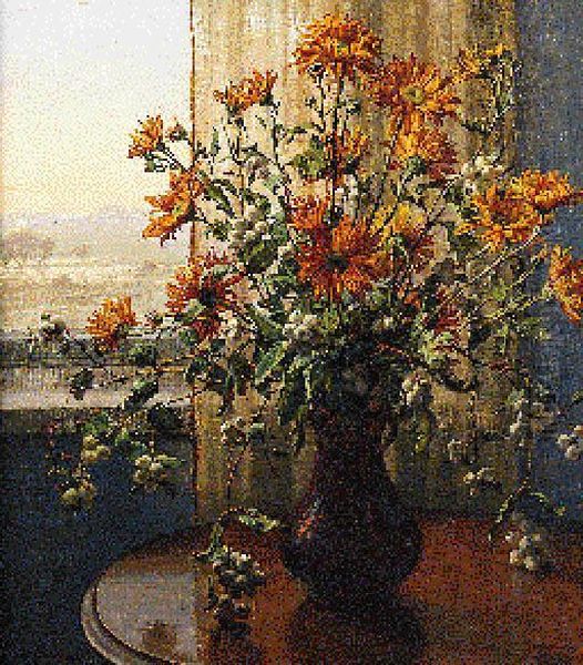 Flowers In A Vase On A Table With A View To A Winter Landscapebeyond Oil Painting by Wilhelm Andersen