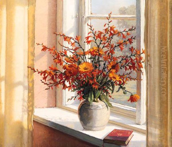 A Sunlit Interior With Summer Flowers On A Ledge Oil Painting by Wilhelm Andersen