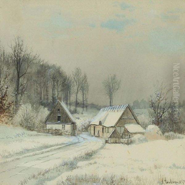 Wintry Landscape With Small Houses In A Forest Oil Painting by A. Andersen-Lundby