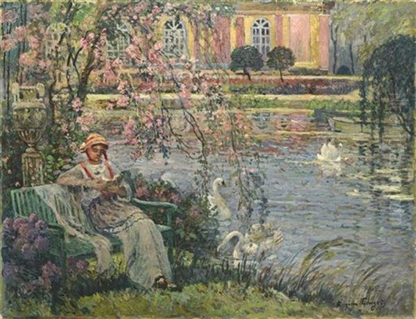 Young Woman Near The Pond Oil Painting by Eugene Chigot