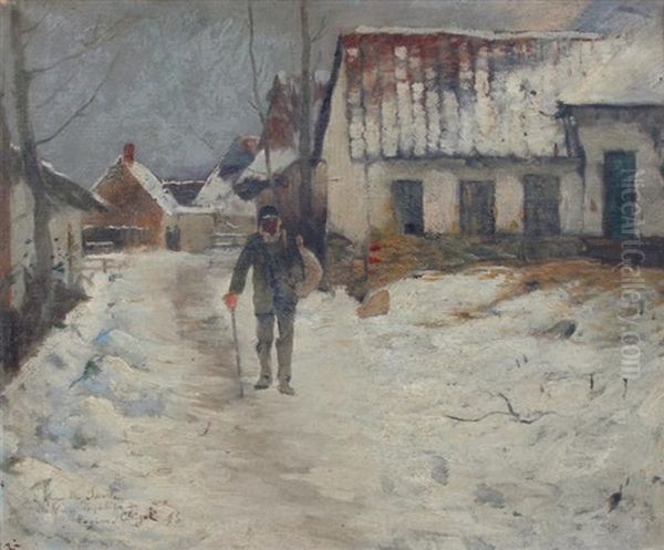 Village Anime Sous La Neige Oil Painting by Eugene Chigot