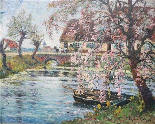 Printemps Sur La Riviere Et La Ferme Oil Painting by Eugene Chigot