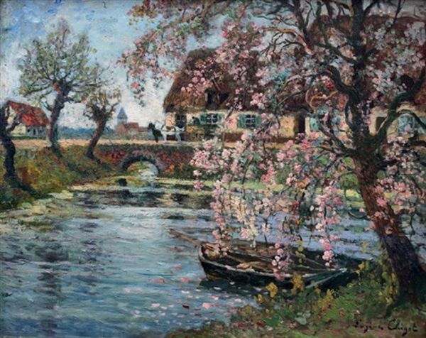 Printemps Sur La Riviere Et La Ferme Oil Painting by Eugene Chigot