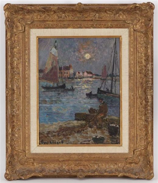 Pecheur Sur Le Port, Pleine Lune Oil Painting by Eugene Chigot