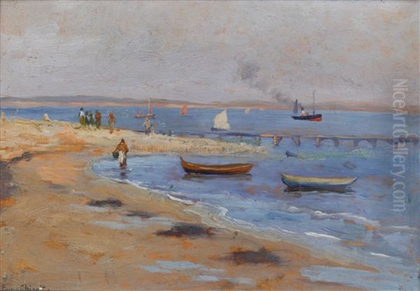 La Pointe Du Touquet, Maree Haute Oil Painting by Eugene Chigot