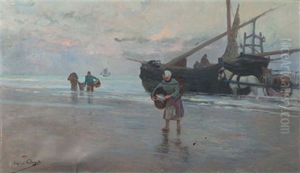 Le Debarquement De La Peche Sur La Greve Oil Painting by Eugene Chigot