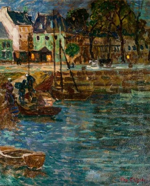 Port Anime En Bretagne, La Nuit Oil Painting by Eugene Chigot