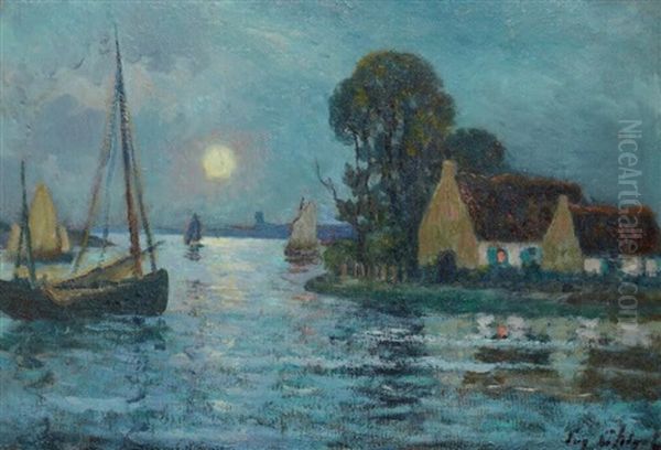 Chaumiere Au Clair De Lune Oil Painting by Eugene Chigot