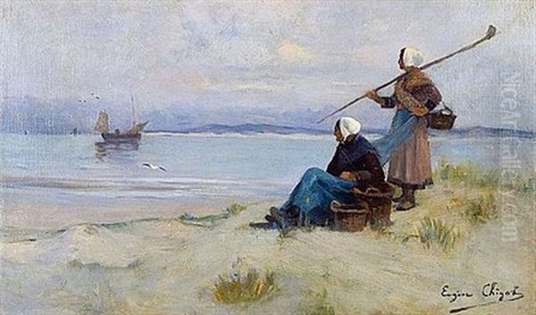 Femmes De Pecheurs Scrutant L'horizon Oil Painting by Eugene Chigot