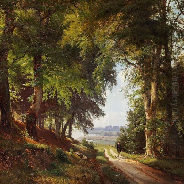 Woodland Scene With A Man Walking On A Path Oil Painting by A. Andersen-Lundby