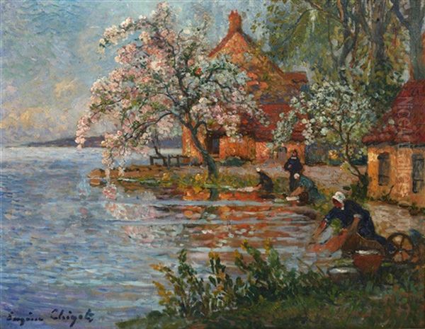 Etang De Ceu, Washerwomen On The Banks Oil Painting by Eugene Chigot