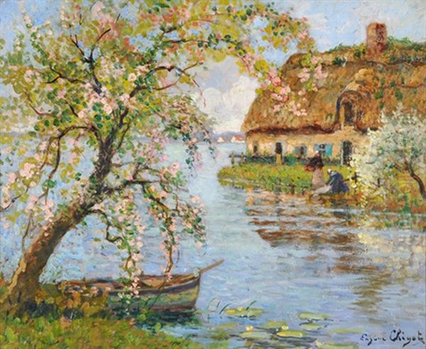 Wascherinnen Am Fluss Mit Bluhenden Baumen Oil Painting by Eugene Chigot