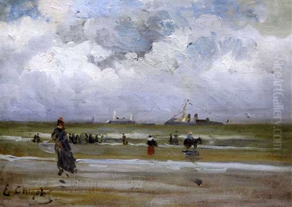 Elegante Sur La Plage Du Touquet Oil Painting by Eugene Chigot