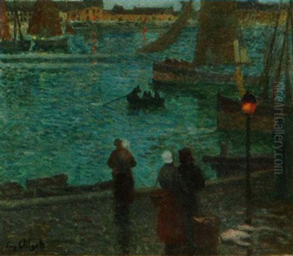 Douarnenez, Retour Des Pecheurs, A La Nuit Tombante by Eugene Chigot