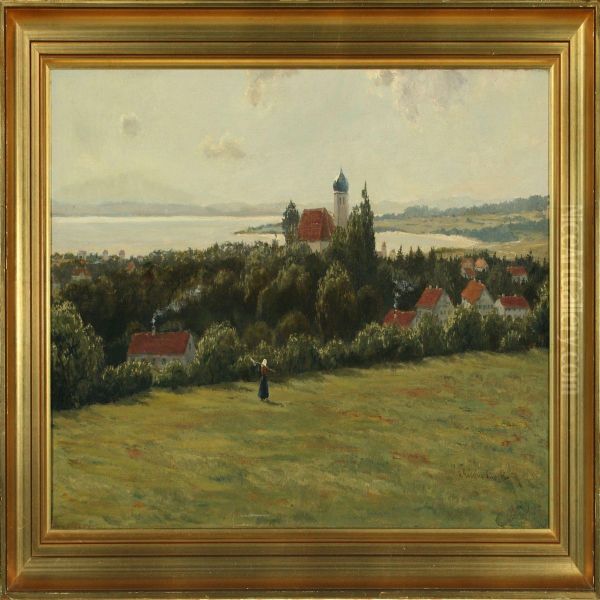 A South Germanlandscape With Church And A Larger Lake Oil Painting by A. Andersen-Lundby