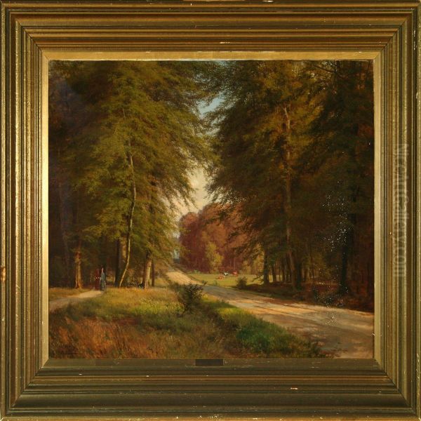 Forest Scenery With Strolling Women Oil Painting by A. Andersen-Lundby