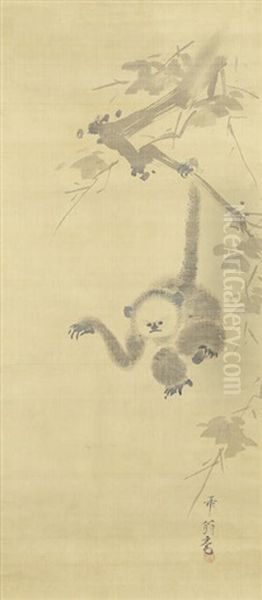 Gibbon Reaching For The Moon's Reflection Oil Painting by Katsuta Chikuo