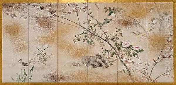 Birds And Flowers Of The Four Seasons (pair, In 6 Parts) Oil Painting by Tachika Chikuson